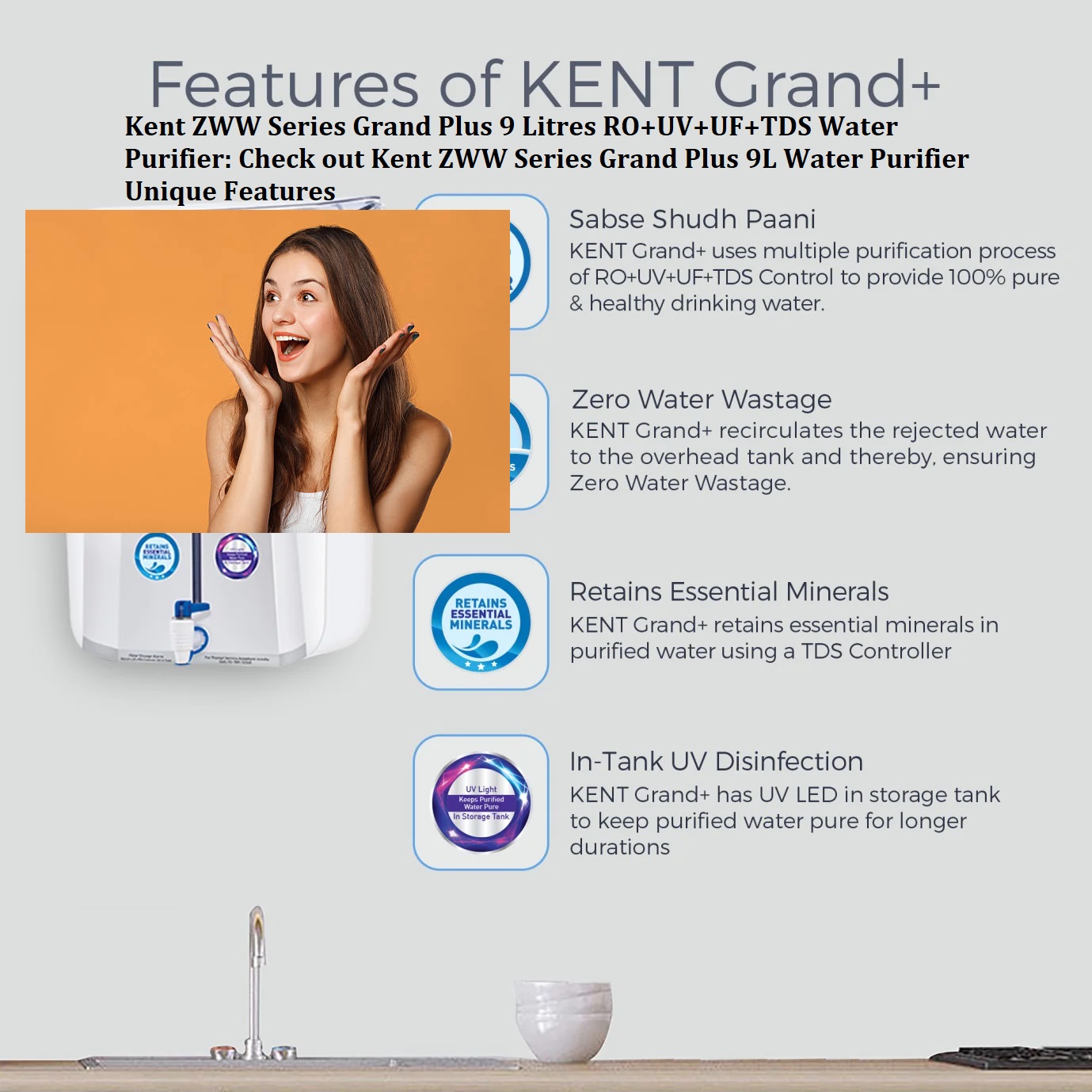 Kent ZWW Series Grand Plus 9 Litres RO+UV+UF+TDS Water Purifier
